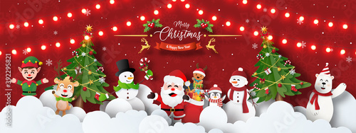 Merry Christmas and Happy New Year, Christmas banner postcard of Christmas party with Santa Claus and friends on the sky