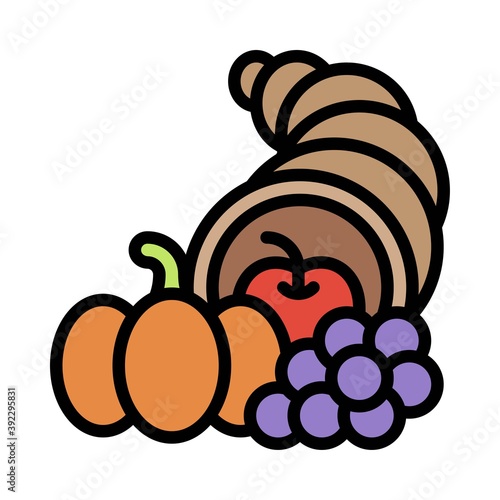 Cornucopia with fruit and vegetable icon, Thanksgiving related vector