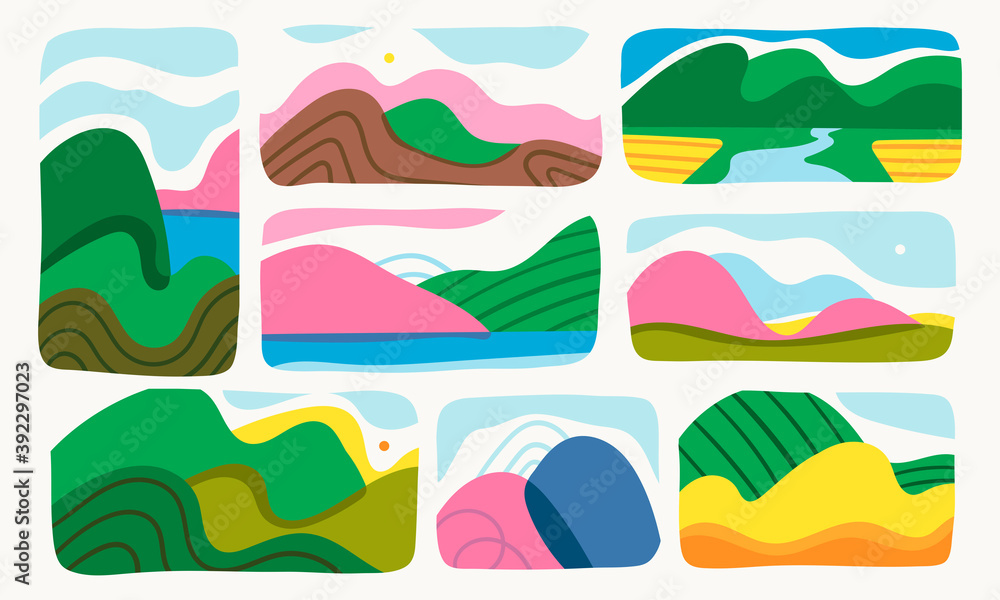 Mountains, river, lake, hills, sky view. Flat Abstract design. Cutout style. Various lanscapes. Set of hand drawn trendy Vector illustrations. Wallpaper Templates. Different backgrounds. Bright colors
