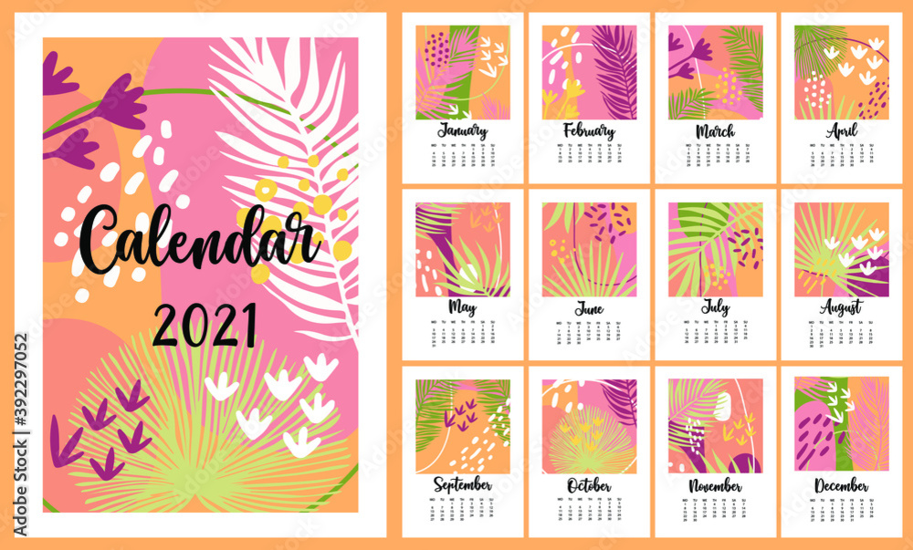 Calendar for 2021. Fashionable calendar in Scandinavian style in rich colors. The modern planner.Tropical hand-drawn decorative Botanical elements, diary page design. Vector template.