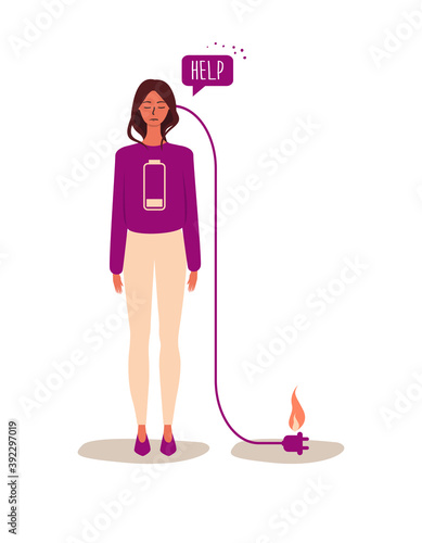 Flat vector cartoon illustration of a woman with a low battery, the concept of emotional burnout, chronic fatigue, stress, headache, depression, psychological problems.