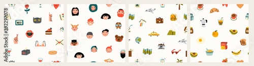 Various people's faces, tasty food, travel, love, romance. Different icons and logos. Cute hand drawn trendy vector illustrations. Cartoon style. Flat design. Set of four Seamless patterns