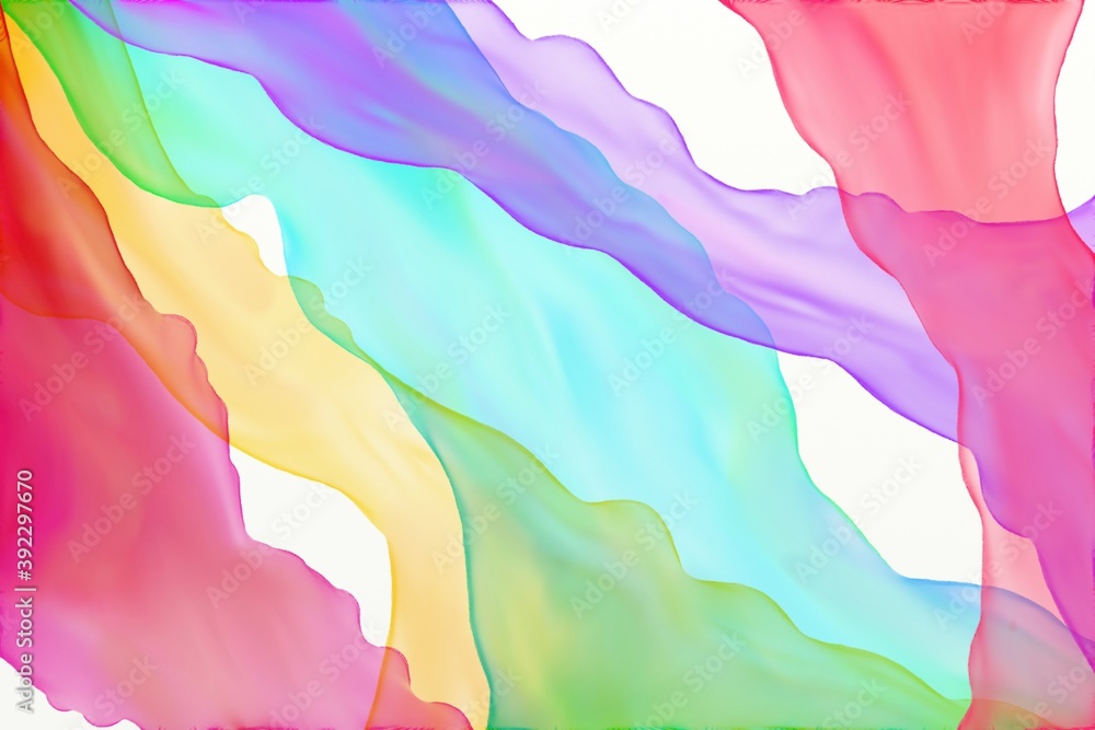 Abstract watercolor background in rainbow colors of blue red yellow green purple and pink in layers of streaming flowing ribbons of colors in fun wavy shapes