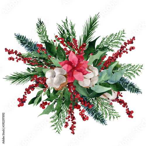 watercolor illustration, Christmas composition with cotton, berries, juniper branches, poincetia, isolated on a white background © Anastasiia