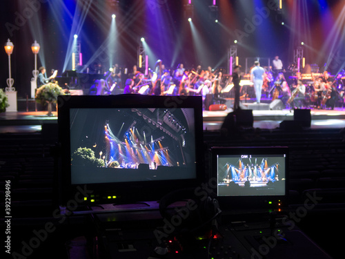 Theater lighting equipment used during the filming of a concert and TV shows