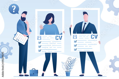 Unemployed people are holding resumes. HR specialist searching employees. Job seekers with cv. Funny business people, applicants search job.