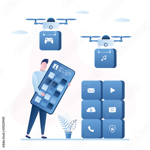 Creation of a new individual tariff plan for smartphone. Drones bring bricks with icons. Happy male user holds mobile phone.