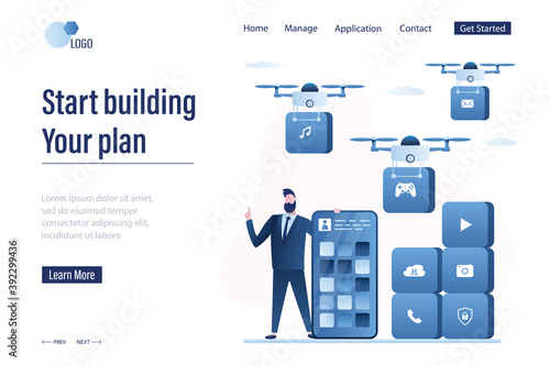 Start creation of individual tariff plan for smartphone, landing page template. Drones bring bricks with icons.