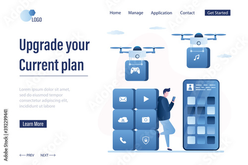 Upgrade your current plan, landing page template. Male user adds new options to mobile tariff plan. Big smartphone with apps on screen.