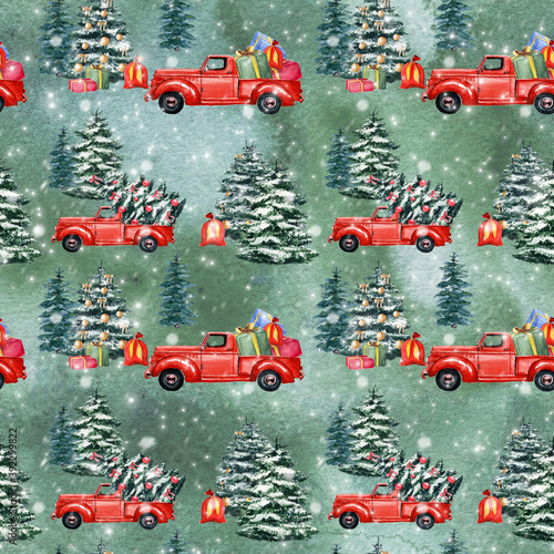 Christmas retro truck and christmas tree seamless pattern. Winter wrapping paper. Watercolor hand drawn green background. Winter holidays