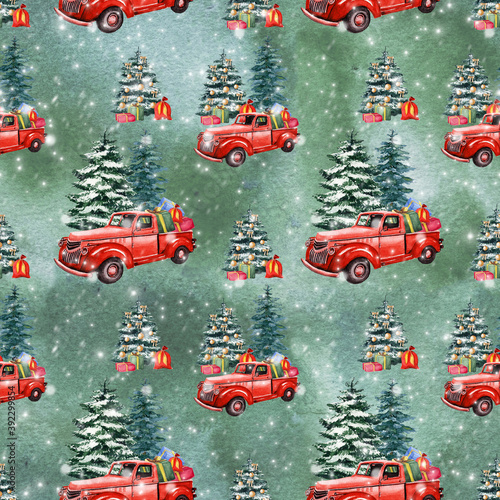 Christmas retro truck and christmas tree seamless pattern. Winter wrapping paper. Watercolor hand drawn green background. Snow. Tiled texture for textile. Winter holidays