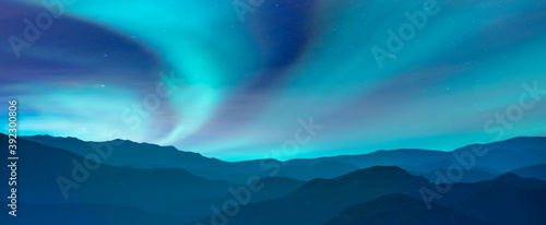 Northern lights  Aurora borealis  in the sky with blue mountains