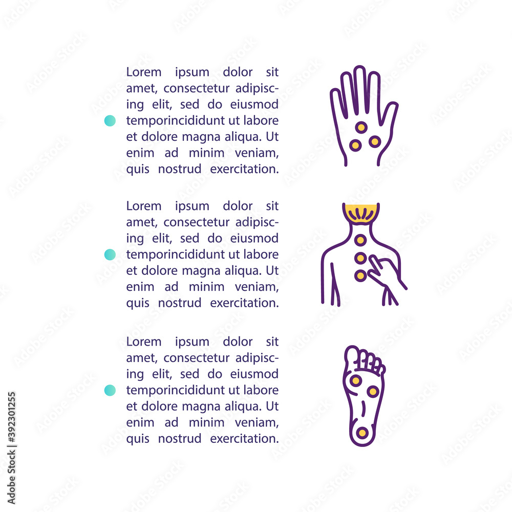 Fototapeta premium Acupressure concept icon with text. Kinesiology technique. Acupuncture points. Promoting relaxation. PPT page vector template. Brochure, magazine, booklet design element with linear illustrations