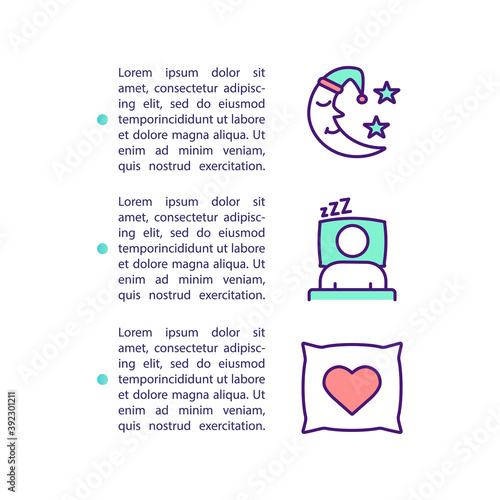 Sleep improvement concept icon with text. Quality sleep-wake cycle. Good sleep habits. Mental health. PPT page vector template. Brochure, magazine, booklet design element with linear illustrations