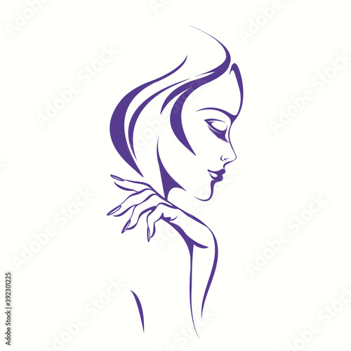Beauty, nails art and hair salon vector illustration.Beautiful woman with elegant hairstyle, makeup and manicure.Young smiling female portrait with closed eyes.