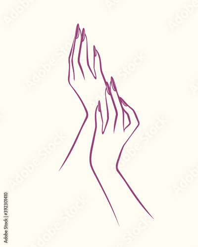 Nail salon vector logo.Illustration of woman hands with elegant, long nails beautiful manicure.Cosmetics and style icon isolated on light background.Nail polish.