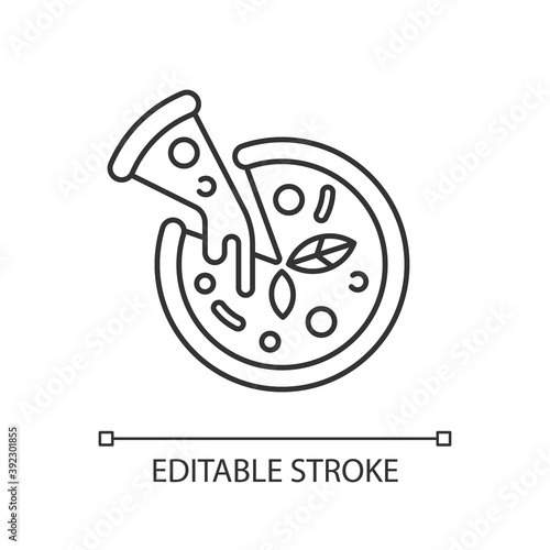 Pizza linear icon. Prepared food. Italian origin dish. Junk foods. Dough, tomatoes and mozzarella. Thin line customizable illustration. Contour symbol. Vector isolated outline drawing. Editable stroke