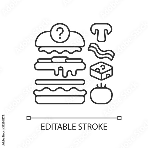 Food constructor linear icon. Setting meal preferences. Putting ingredients together. Thin line customizable illustration. Contour symbol. Vector isolated outline drawing. Editable stroke