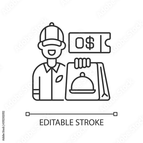 Free delivery coupon linear icon. Exclusive promo code. Restaurant orders. Free servicing. Thin line customizable illustration. Contour symbol. Vector isolated outline drawing. Editable stroke