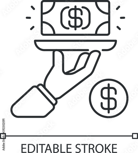 Service fee linear icon. Gratuity charge. Catered functions. High quality waiter, waitress. Thin line customizable illustration. Contour symbol. Vector isolated outline drawing. Editable stroke