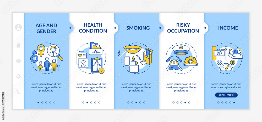 Insurance cost factors onboarding vector template. Risky occupation. Income from buying insurances. Responsive mobile website with icons. Webpage walkthrough step screens. RGB color concept Insurance cost factors onboarding vector template. Risky occupation. Income from buying insurances. Responsive mobile website with icons. Webpage walkthrough step screens. RGB color concept