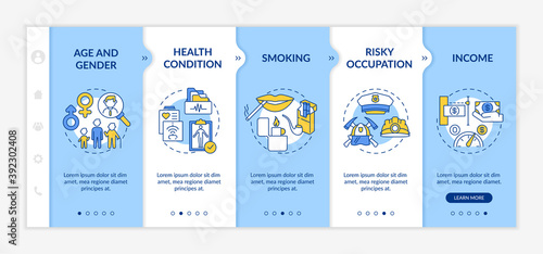 Insurance cost factors onboarding vector template. Risky occupation. Income from buying insurances. Responsive mobile website with icons. Webpage walkthrough step screens. RGB color concept