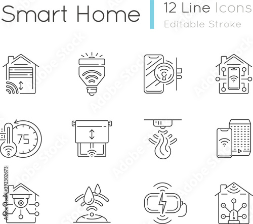 Smart house linear icons set. Innovatonal window blinds sensor. Remote controlled light bulbs. Customizable thin line contour symbols. Isolated vector outline illustrations. Editable stroke