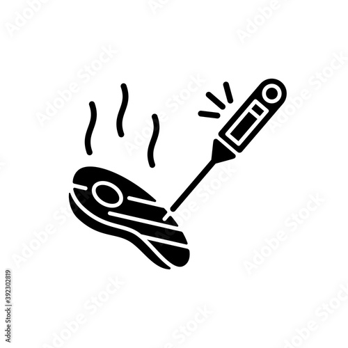 Thermometer black glyph icon. Kitchen tool to measure meat temperature. Gauge for heat. Household utensil for cooking. Food preparation. Silhouette symbol on white space. Vector isolated illustration