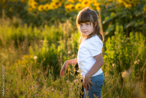 September 2020, Bibbiano, Italy. Sweet little girl poses for a photograph in a sunflower field photo