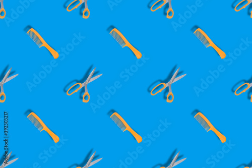 Seamless patterns. Seamless pattern from hairdressing combs and scissors. Background made of comb and scissors.
