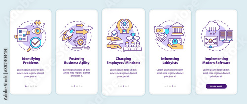 Business consulting tasks onboarding mobile app page screen with concepts. Fostering business agility walkthrough 5 steps graphic instructions. UI vector template with RGB color illustrations