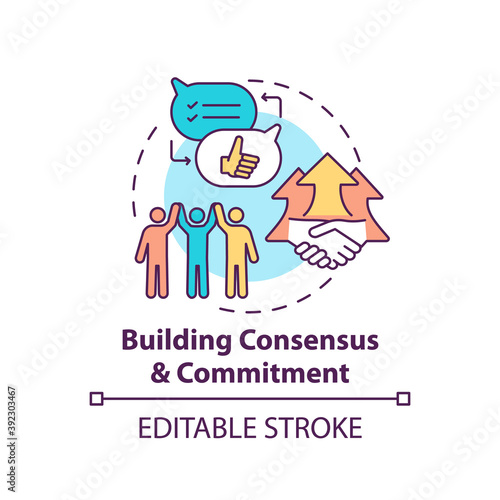 Building consensus and commitment concept icon. Business consulting stage idea thin line illustration. Creating culture and behaviours. Vector isolated outline RGB color drawing. Editable stroke