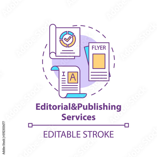 Editorial and publishing services concept icon. Top business consulting service idea thin line illustration. Reviewing, localisation. Vector isolated outline RGB color drawing. Editable stroke