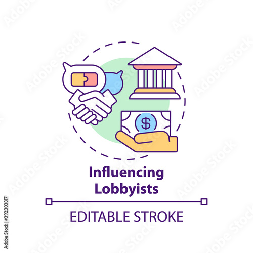 Influencing lobbyists concept icon. Business consulting task idea thin line illustration. Government privatisations. Sound democratic system. Vector isolated outline RGB color drawing. Editable stroke