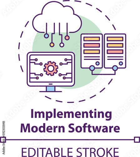 Implementing modern software concept icon. Business consulting task idea thin line illustration. Resource management. New software rollout. Vector isolated outline RGB color drawing. Editable stroke
