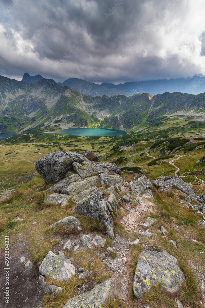 Beautiful view of rocky mountains and lakes in the High Tatras National Park in Poland