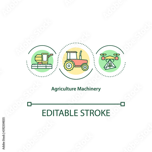 Agriculture machinery concept icon. Tractor and combine. Irrigation drone. Farm equipment idea thin line illustration. Vector isolated outline RGB color drawing. Editable stroke.