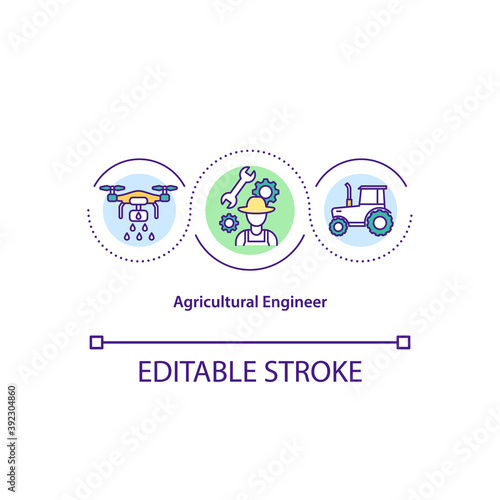 Agricultural engineer concept icon. Designing machines and equipment. Construction and improvement machinery idea thin line illustration. Vector isolated outline RGB color drawing. Editable stroke.