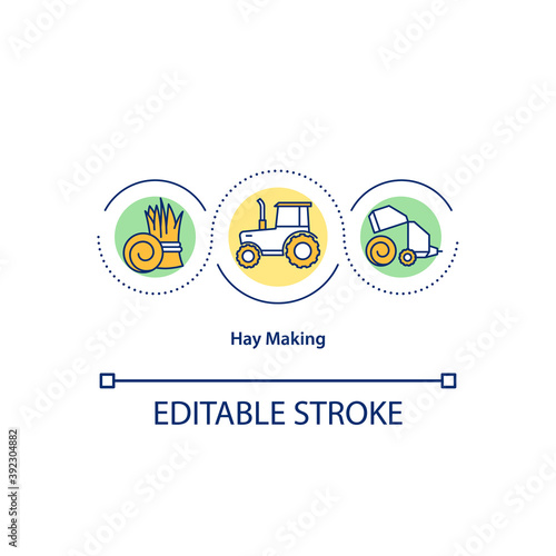 Hay making concept icon. Tractor making hay baley. Bailing. Hay production and harvest idea thin line illustration. Vector isolated outline RGB color drawing. Editable stroke. photo