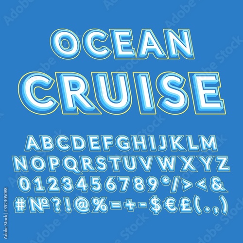 Ocean cruise vintage 3d vector alphabet set. Retro bold font, typeface. Pop art stylized lettering. Old school style letters, numbers, symbols pack. 90s, 80s creative typeset design template