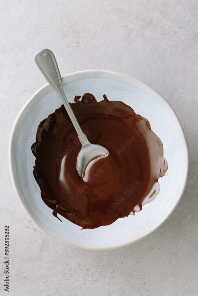 Melted diabetic chocolate in bowl, overhead Melted diabetic chocolate in bowl, overhead