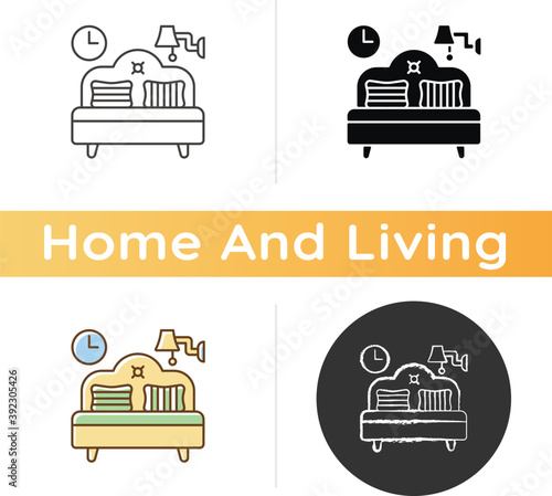Bedroom furniture icon. Bedding. Home furnishings. Bed and mattress. Interior design. Balanced artificial lighting. Linear black and RGB color styles. Isolated vector illustrations