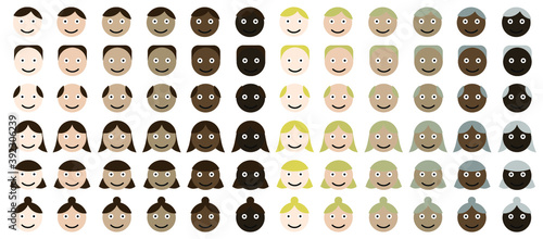 Different vector icons of faces of all races.