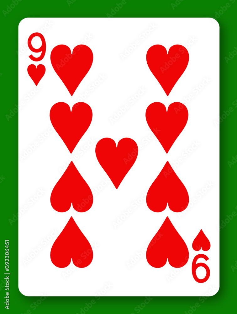 9 Nine of Hearts playing card with clipping path to remove background and shadow 9 Nine of Hearts playing card with clipping path to remove background and shadow