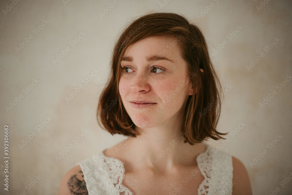 Elegant bride with cute smile in wedding dress Elegant bride with cute smile in wedding dress