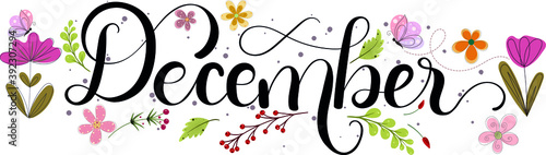 "December" holidays month text creative with butterflies flowers and leaves. Decoration text floral. Decoration letters, Illustration December. Christmas	