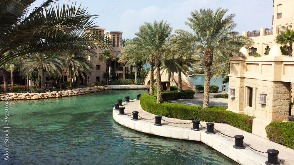 Man made waterway and recreational boating in Dubai, UAE
