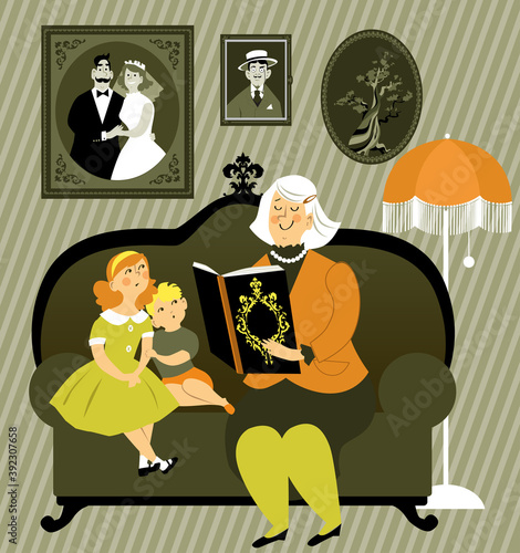 Grandmother reading a story book to little boy and girl, sitting on a sofa in an old-fashioned room, EPS 8 vector illustration