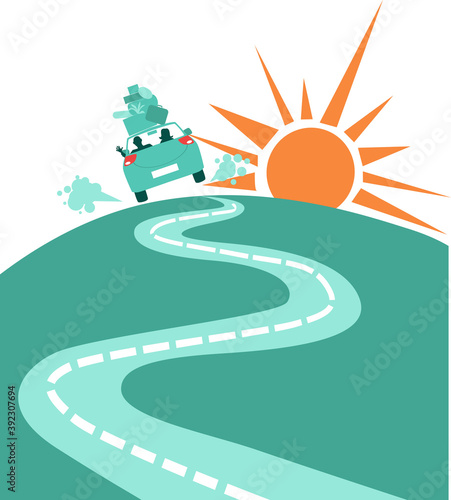 Couple in a loaded car driving away to the sunrise,  relocating, EPS 8 vector illustration