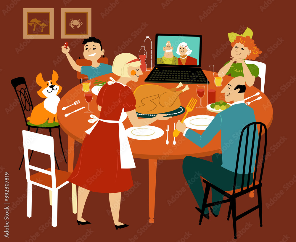 Family having a holiday turkey dinner with grandparents participating via video chat on the computer, EPS 8 vector illustration